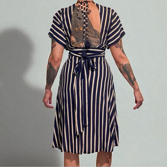 Faithfull the Brand Striped Open Back Milan Midi Dress Navy White Size S/4 - Picture 4 of 11